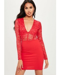 Missguided Red Long Sleeve Binding Bodycon Dress