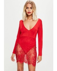 Missguided Red Slinky Lace Bodycon Dress