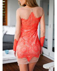 V Neck With Sheer Lace Bodycon Red Dress