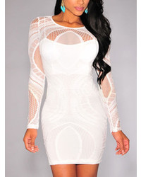 White Mesh Lace Insert Bodycon Dress
