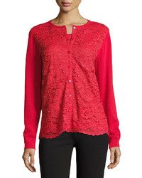 Joan Vass Lace Inset Button Front Long Sleeve Cardigan