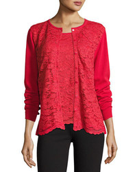Joan Vass Lace Inset Button Front Long Sleeve Cardigan