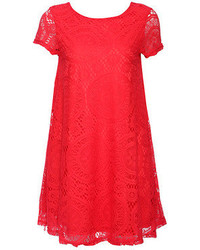 Romwe Floral Lace Short Sleeved Red Dress