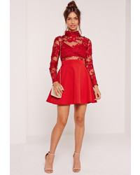 Missguided Lace Long Sleeve Skater Dress Red