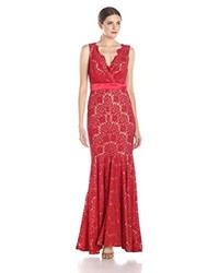 Betsy & Adam Lace V Neck With Band Gown