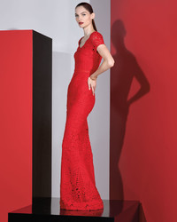St. John Collection Embroidered Lace Short Sleeve Gown Red