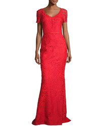 St. John Collection Embroidered Lace Short Sleeve Gown Red