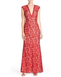 Betsy & Adam Illusion V Neck Lace Trumpet Gown