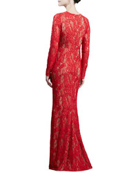 Carmen Marc Valvo Long Sleeve Lace Gown Red