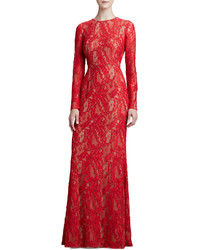 Carmen Marc Valvo Long Sleeve Lace Gown Red