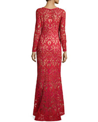 Tadashi Shoji Long Sleeve Lace Overlay Gown Red