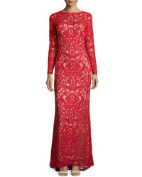 Tadashi Shoji Long Sleeve Lace Overlay Gown Red