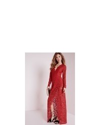 Missguided Plunge Lace Maxi Dress Red