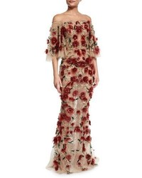 Marchesa Off The Shoulder Bell Sleeve Feather Gown Red