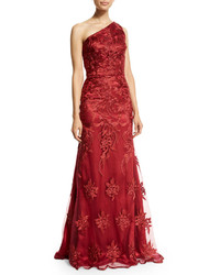 David Meister One Shoulder Lace Mermaid Gown Red