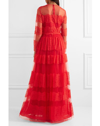 Valentino Paneled Chantilly Lace And Tulle Gown Red