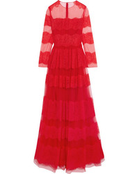 Valentino Paneled Chantilly Lace And Tulle Gown Red