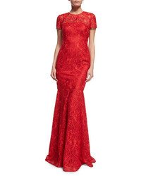 David Meister Short Sleeve Lace Mermaid Gown