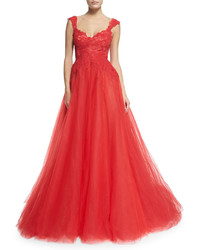 Monique Lhuillier Sleeveless Lace Tulle Ball Gown Fire