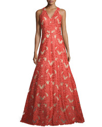 David Meister Sleeveless V Neck Lace Gown Red