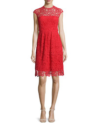 Lela Rose Cap Sleeve Jewel Neck Lace Dress