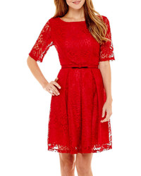 Danny Nicole Elbow Sleeve Belted Lace Fit And Flare Dress