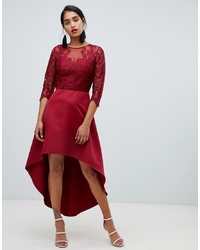 Chi Chi London Lace 2 In 1 Skater Dress With High Low Hem In Wine