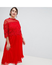Little Mistress Plus Lace Top Midi Skater Dress In Red