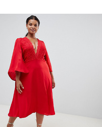 John Zack Plus Lace Top Midi Skater Dress With Cape Detail In Red