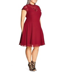 City Chic Plus Size Poser Lace Detail Chiffon Overlay Fit Flare Dress
