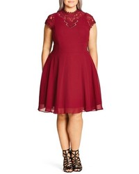 City Chic Plus Size Poser Lace Detail Chiffon Overlay Fit Flare Dress