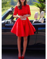 Red Half Sleeve Backless Scallop With Lace Flare Dress