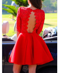 Red Half Sleeve Backless Scallop With Lace Flare Dress