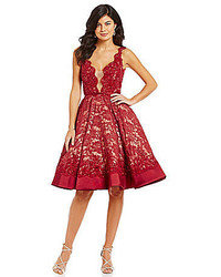 Mac Duggal Scalloped Lace Illusion Fit And Flare Party Dress