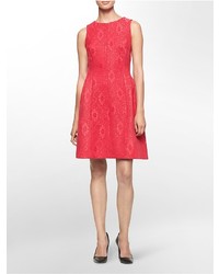 Calvin Klein Textured Lace Pleated Sleeveless Fit Flare Dress