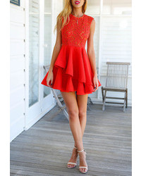 With Zipper Lace Insert Flare Apricot Dress