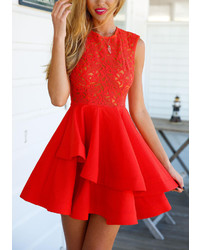 With Zipper Lace Insert Flare Apricot Dress