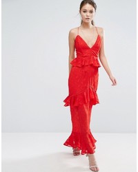Dark Pink Burn Out Leaf Maxi Dress With Ruffle Detail