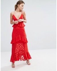 Dark Pink Burn Out Leaf Maxi Dress With Ruffle Detail