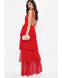 Missguided Red Lace Tiered Frill Maxi Dress