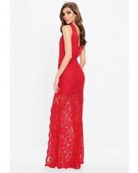 Missguided Red Plunge Scallop Trim Lace Maxi Dress