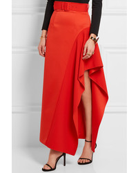 SOLACE London Kaya Asymmetric Belted Charmeuse Maxi Skirt Tomato Red