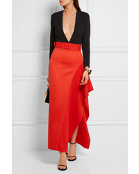 SOLACE London Kaya Asymmetric Belted Charmeuse Maxi Skirt Tomato Red