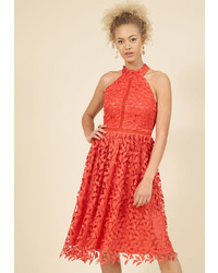 Afa559 Looking For The Epitome Of Sophisticated Style Dictionaries Need Not Apply Here For This Modcloth  Midi Dress Does The Job Red Orange Lace Leaves Dance Atop This Frocks Knit Backdrop As Its High Neckline And Bodice Sectioned By Diamond Trim