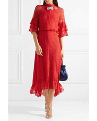 Dodo Bar Or Crystal Embellished Ruffled Stretch Lace Midi Dress Red