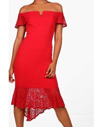 Boohoo Ella Lace Frill Off The Shoulder Midi Dress