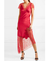 Haney Felicia Asymmetric Silk Blend Satin And Lace Midi Dress Red