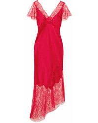 Haney Felicia Asymmetric Silk Blend Satin And Lace Midi Dress Red