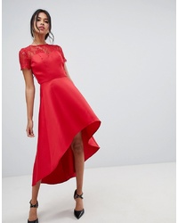Chi Chi London High Low Hem Midi Dress With Lace Sleeves In Red