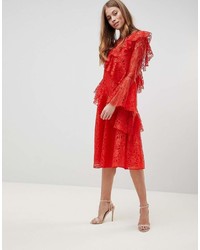 Asos Lace Midi Dress With Ruffles And Fluted Sleeves